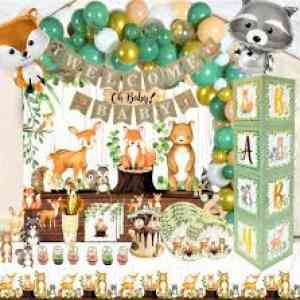 Images MEGA 257 Pc Woodland Baby Shower Decorations for Boy Or Girl KitGender Neutral Forest Animal DecorBABY boxesBanners Garland Balloons Cake 